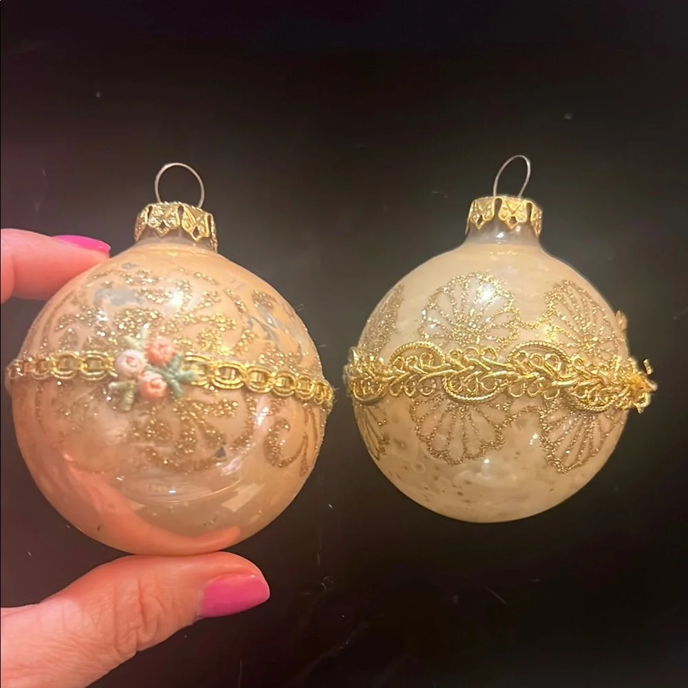 VTG Gold Glass Holiday Ornaments (x2)